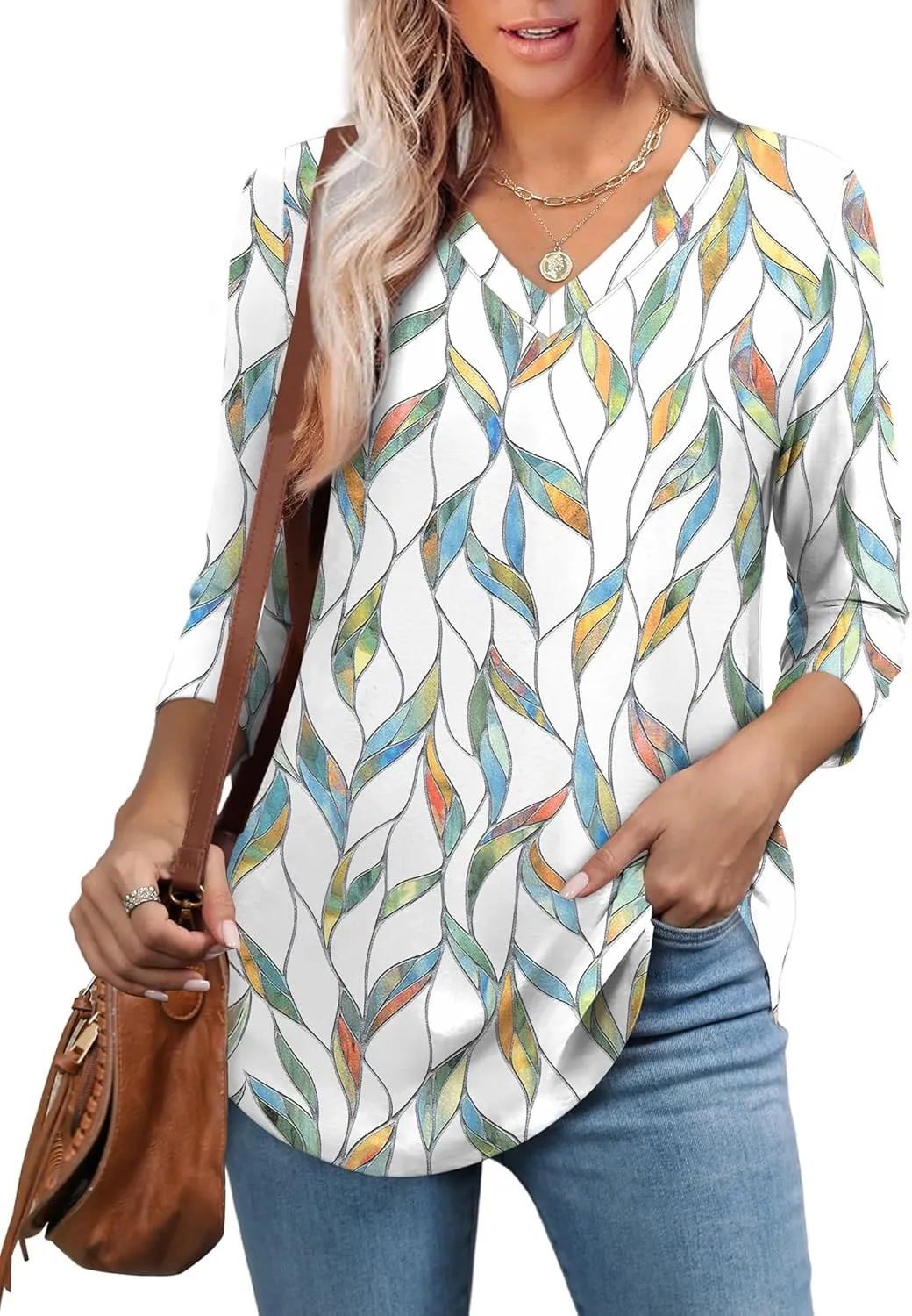 WEESO 3/4 Length Sleeve Womens Tops V Neck Casual Flowy Tunic Tops Loose Fit Blouses Curved Hem Spring Summer Outfits