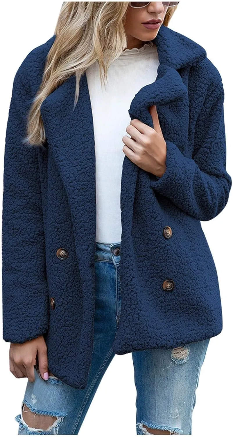 Winter Coats for Women Lapel Neck Button Sherpa Fleece Jacket Long Sleeve Teddy Faux Fur Coat with Pockets