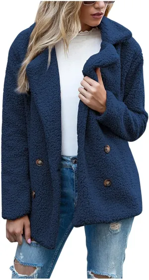 Winter Coats for Women Lapel Neck Button Sherpa Fleece Jacket Long Sleeve Teddy Faux Fur Coat with Pockets
