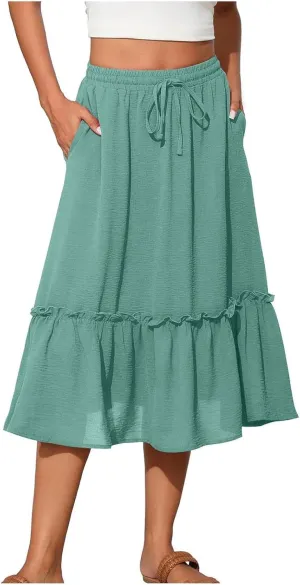 Women Ruched Ruffle Skirts Midi Length Summer Beach Half Dress Casual Vacation Skirt Trendy Cruise Clothes