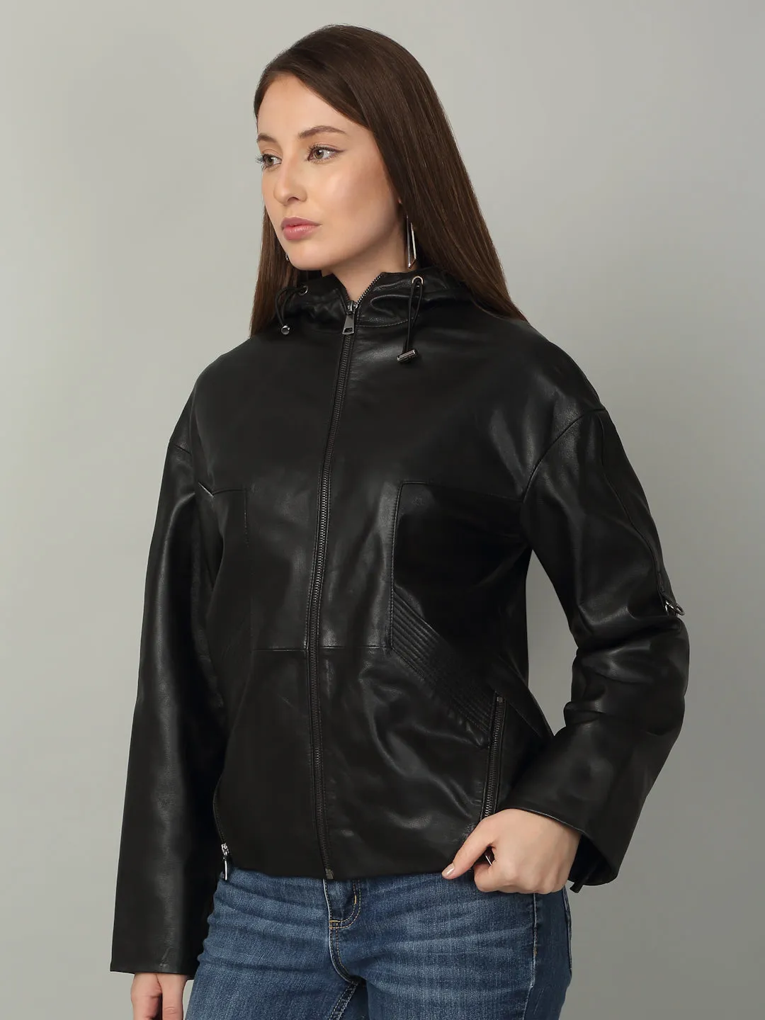 Women's Black Leather Hooded Jacket