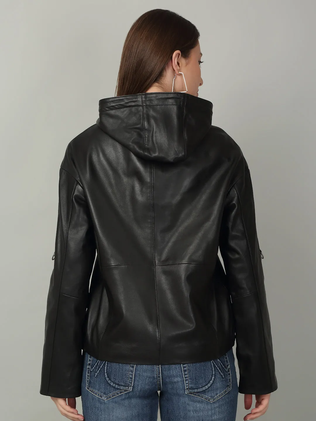 Women's Black Leather Hooded Jacket