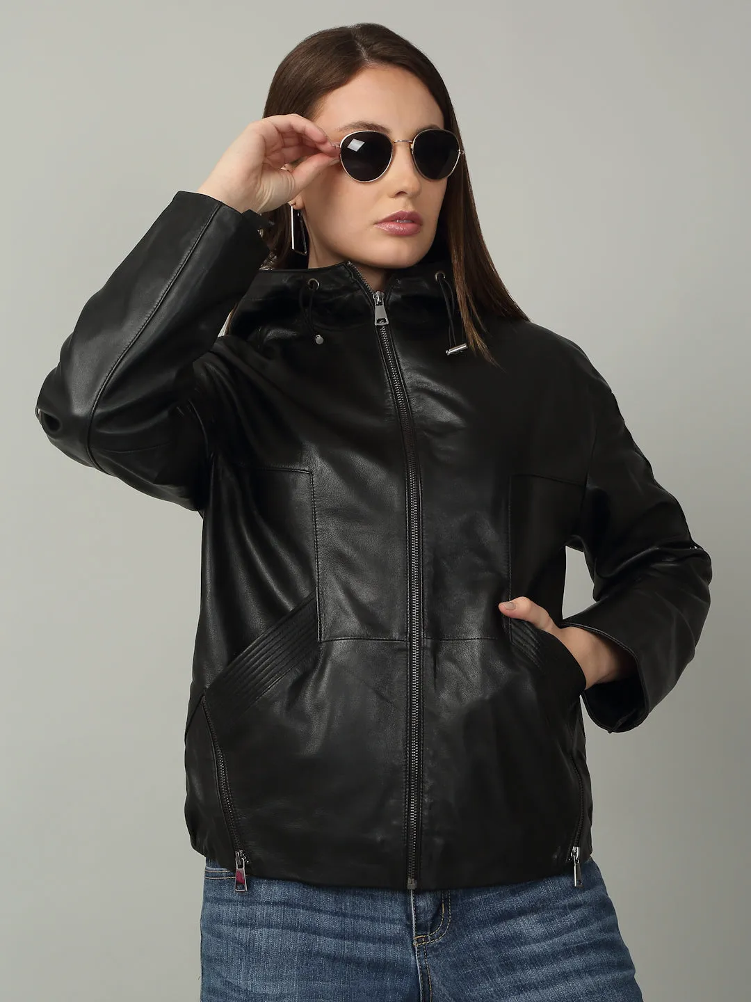 Women's Black Leather Hooded Jacket