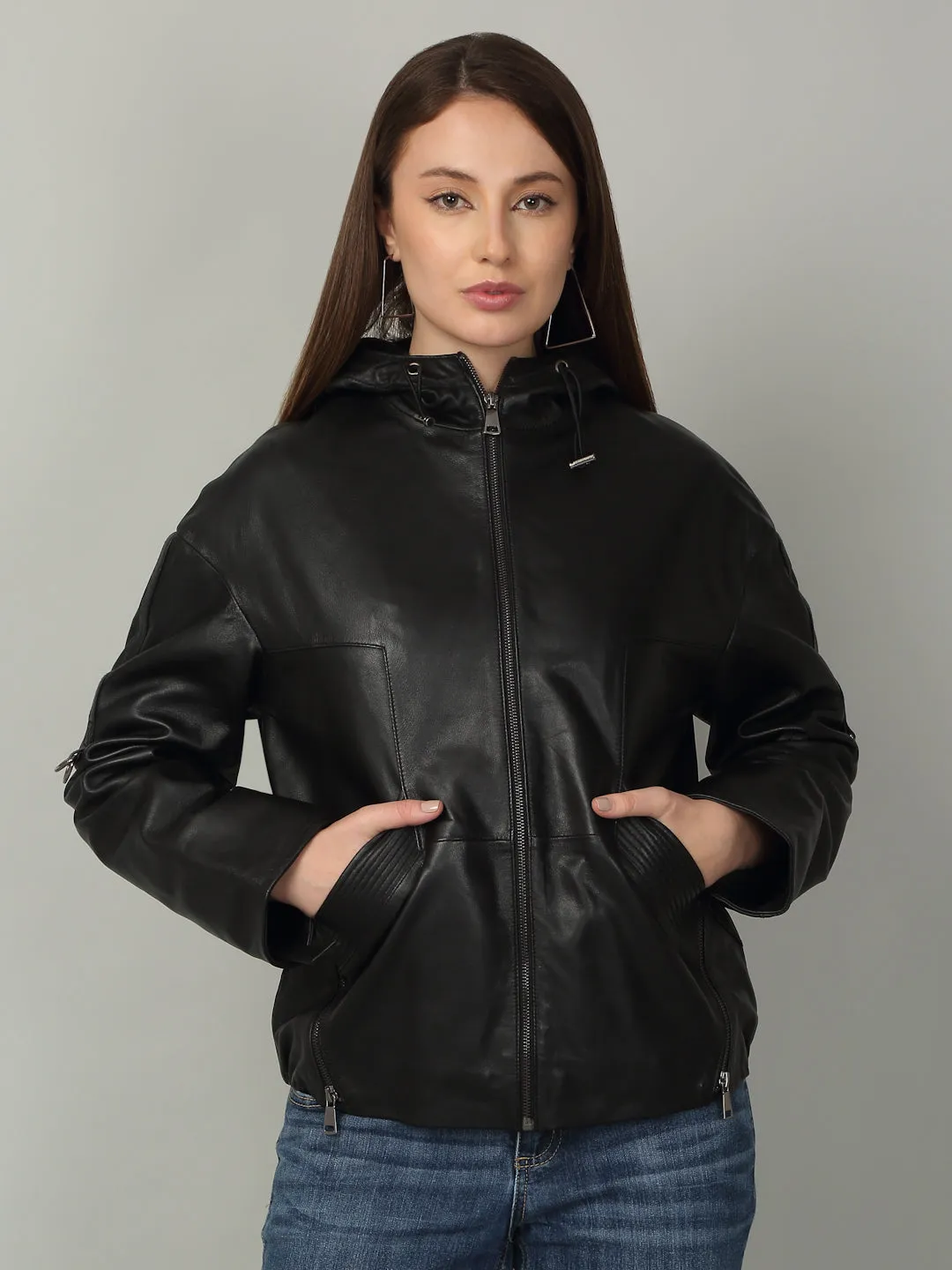 Women's Black Leather Hooded Jacket