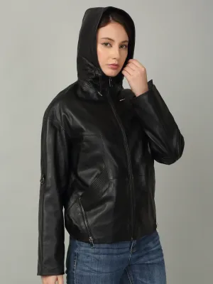 Women's Black Leather Hooded Jacket
