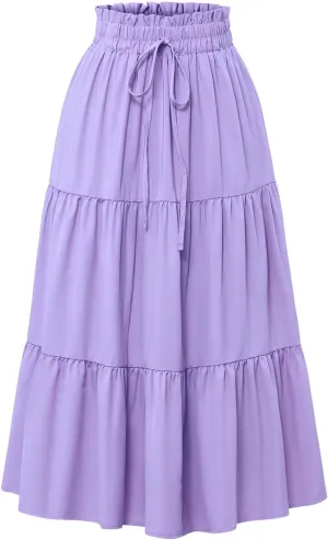 Womens Floral Maxi Skirt Summer Comfy Tiered Elastic High Waisted Long Skirts Vacation A Line Flowy Swing Skirt