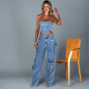 Women's Low Waist Jeans - 3D Pockets, Trendy Style