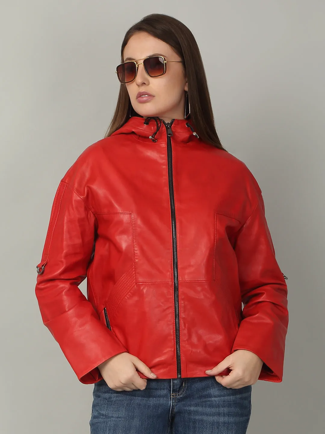 Women's Red Leather Hooded Jacket