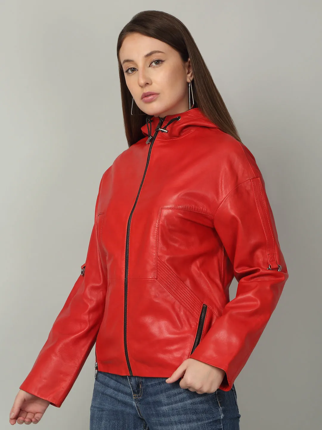 Women's Red Leather Hooded Jacket