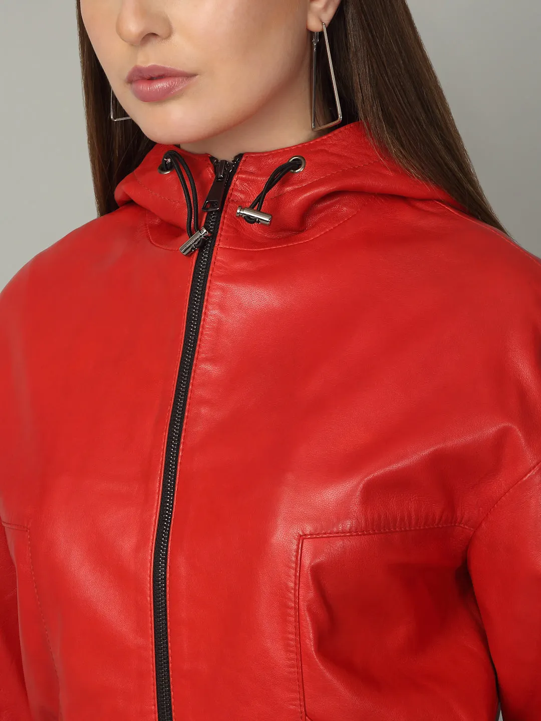Women's Red Leather Hooded Jacket