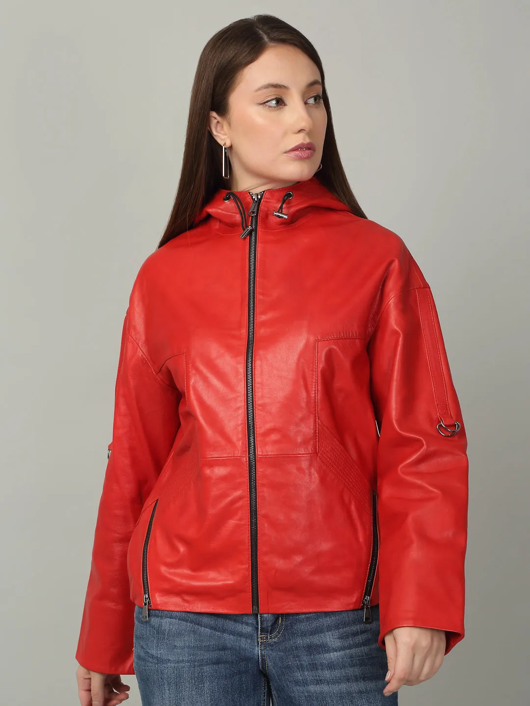 Women's Red Leather Hooded Jacket
