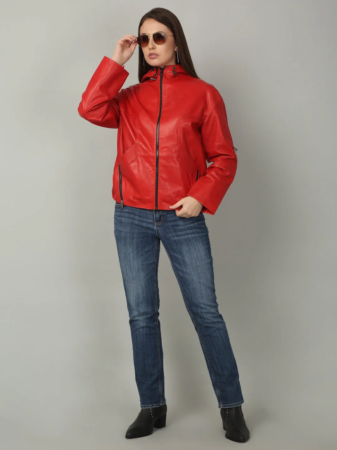 Women's Red Leather Hooded Jacket