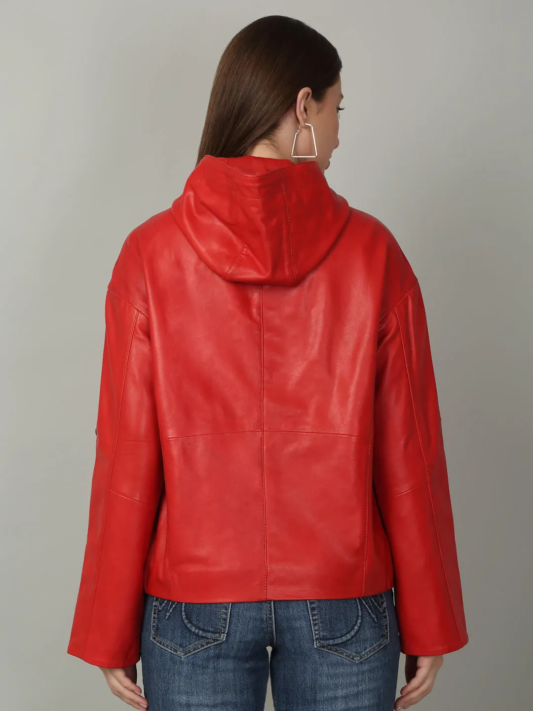 Women's Red Leather Hooded Jacket