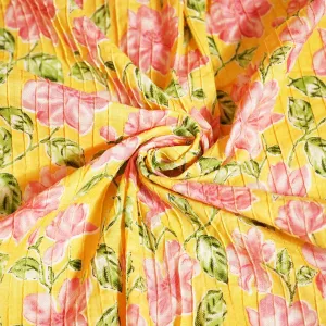 Yellow Floral Print Pintuck Cotton Fabric MFL-23664